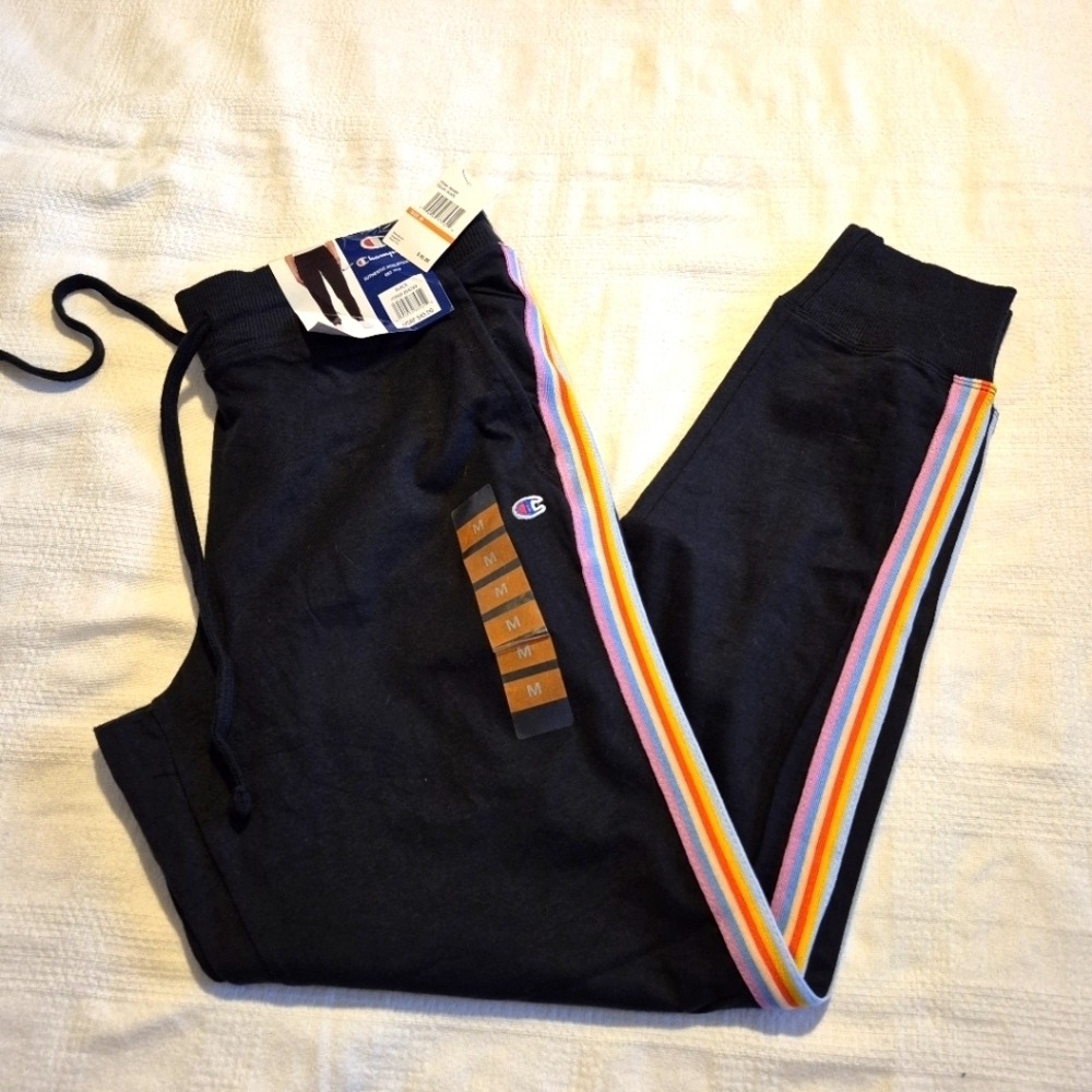 Champion women's size Medium black joggers, rainbow stripe on leg, 2 pockets NWT - Picture 1 of 9